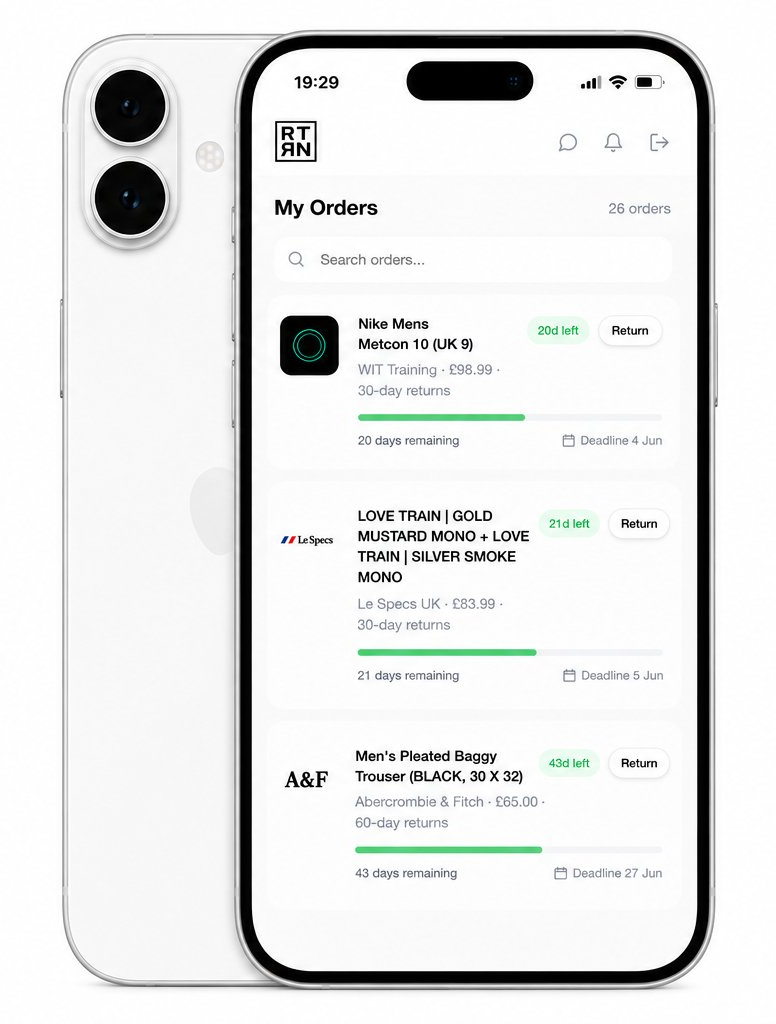 RTRN app showing Orders view with purchases across multiple retailers