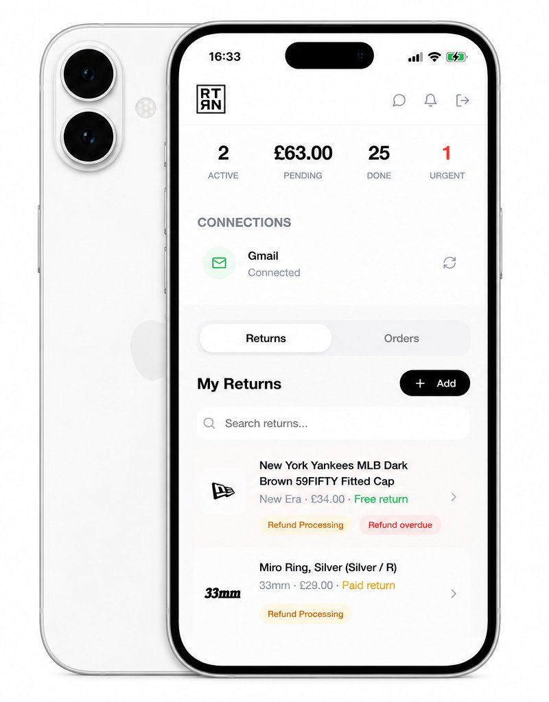 RTRN app showing Returns view with active items, deadlines, and refund statuses