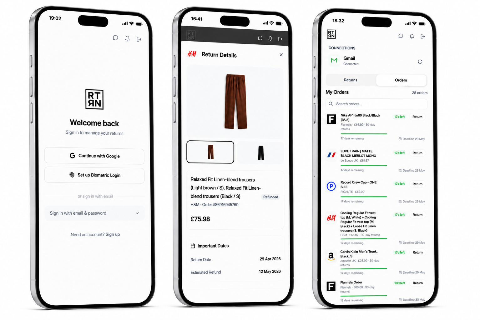 RTRN app screens showing sign-in, return details, and the returns list across multiple devices