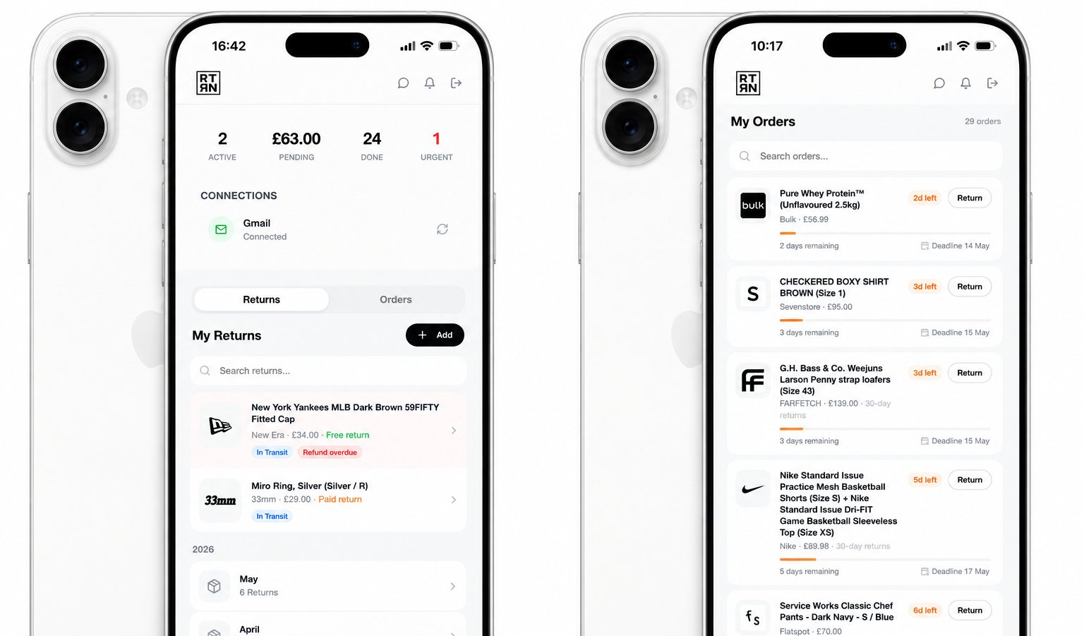 RTRN app showing Returns view with active items, and Orders view with order history across multiple retailers